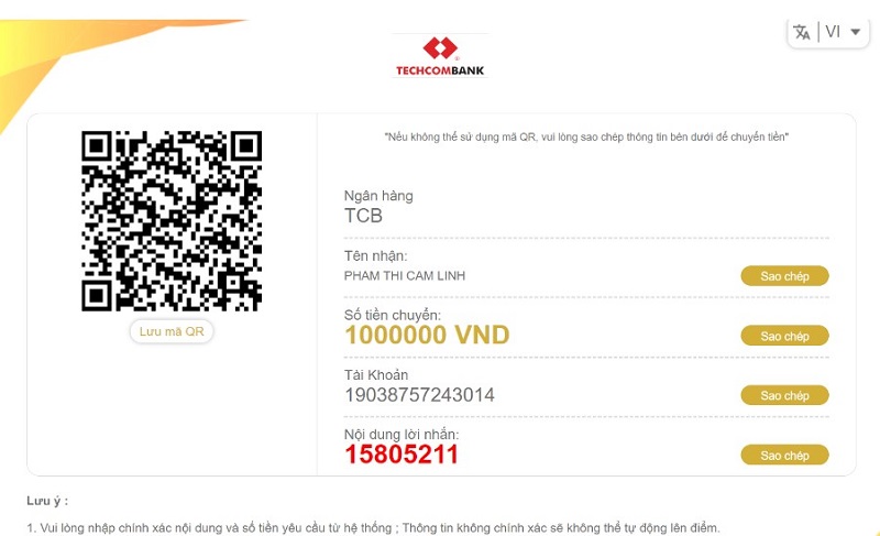 Quét mã QR để nạp tiền vào tài khoản Ole777